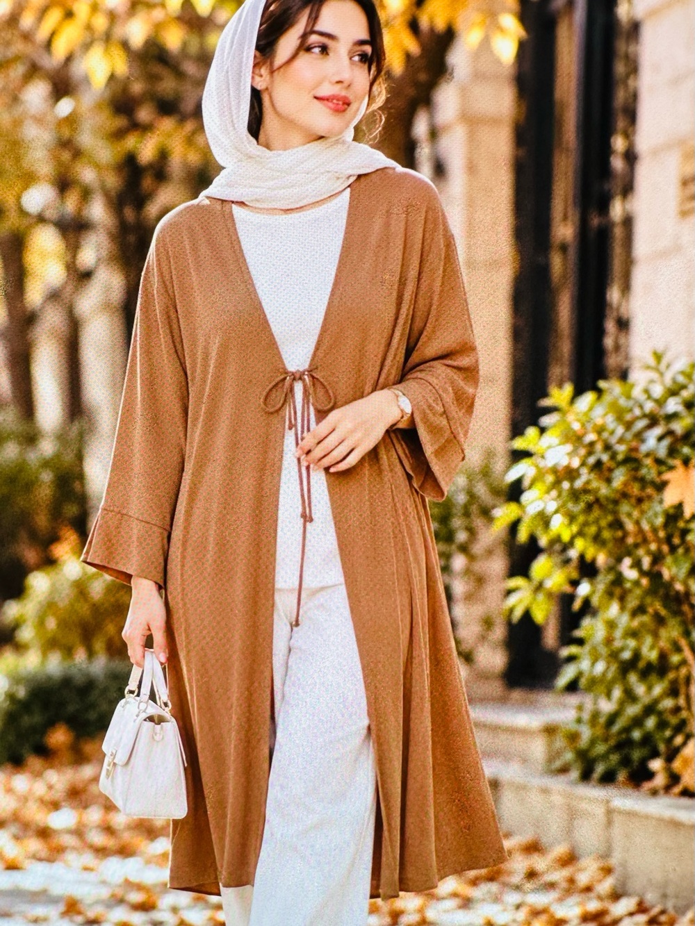 Avenue Long Brown Tie-Front Women's Cardigan midi